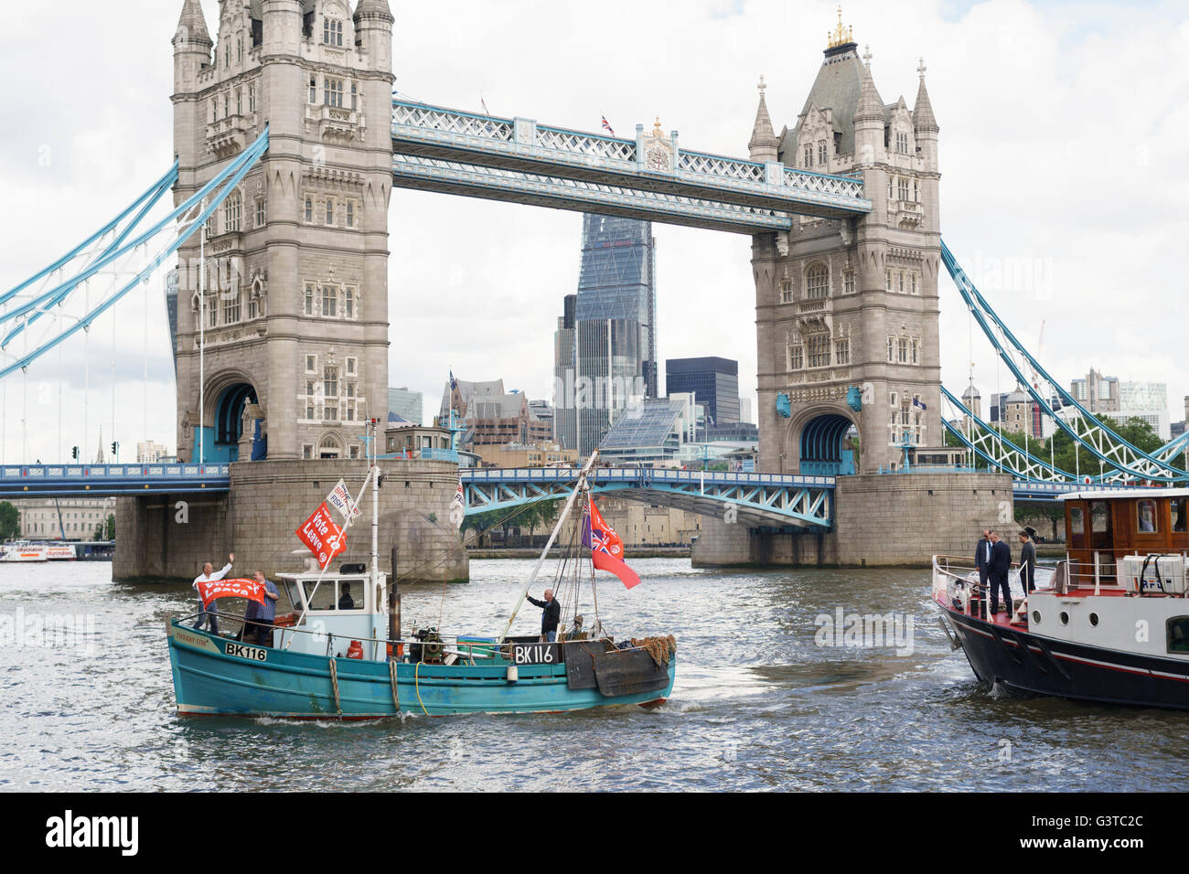 London,UK. 15 juin 21016. Une partie de la flottille de laisser en attente de Nigel Farage, avant de passer sous le bateau du Tower Bridge au Parlement Crédit : David Garcia/Alamy Live News Banque D'Images