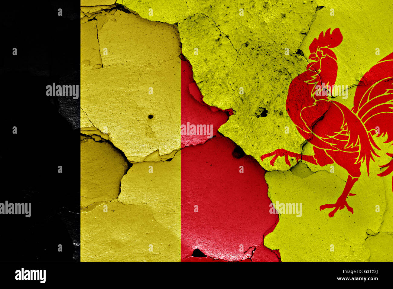 Drapeaux de Belgique et Wallonie peint sur mur fissuré Banque D'Images