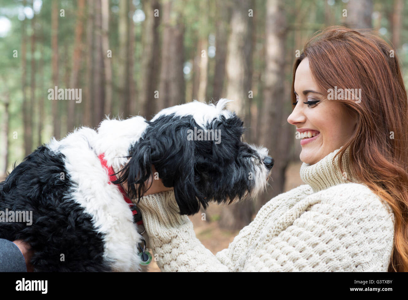 Une jeune femme de caresser un chien sur une forêt Promenade en automne. Banque D'Images