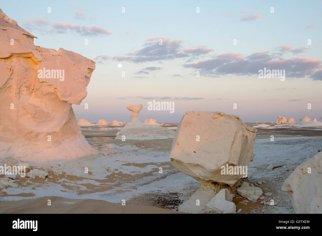 Rock formation dans le désert blanc, l'augmentation de pleine lune, le soir, l'Egypte Banque D'Images