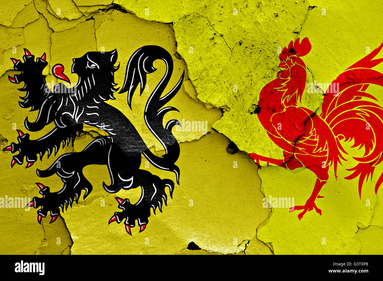 Drapeaux de Flandre et Wallonie peint sur mur fissuré Banque D'Images