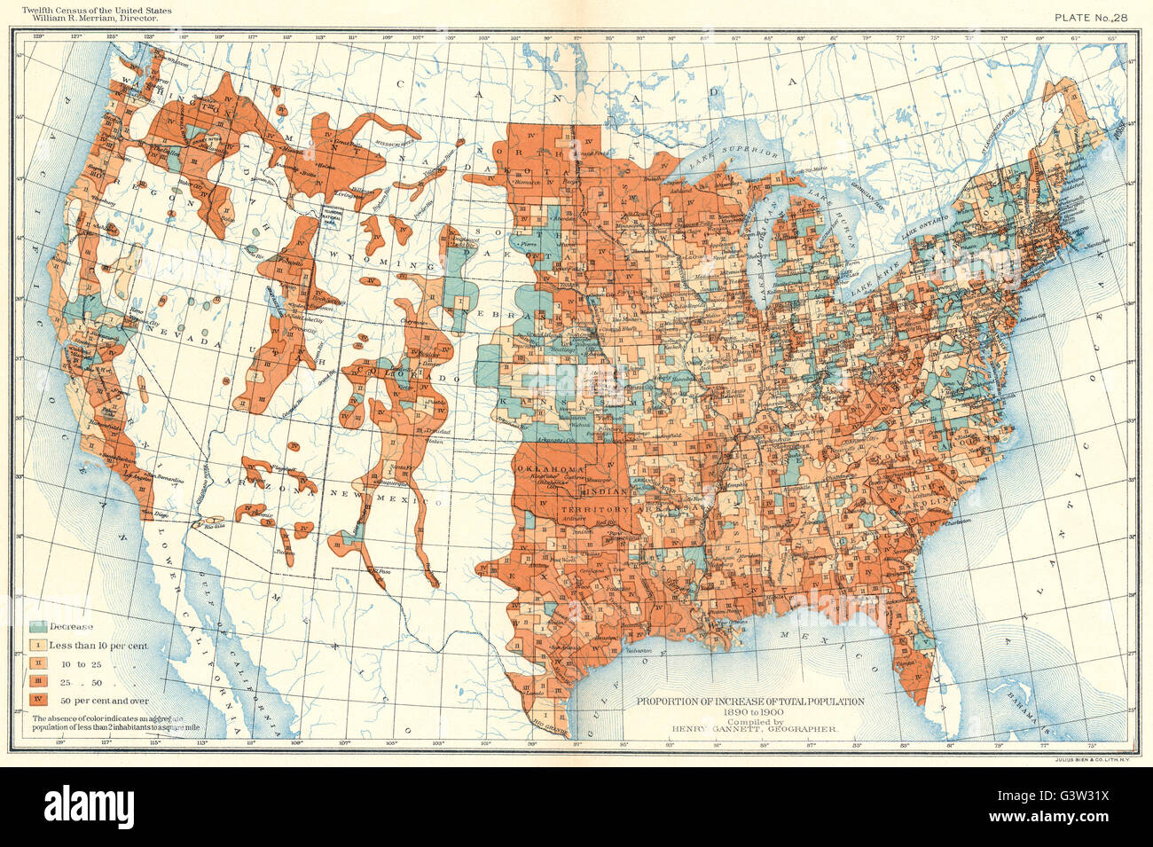 USA : Proportion d'augmentation de la population totale 1890 à 1900, 1900 carte antique Banque D'Images