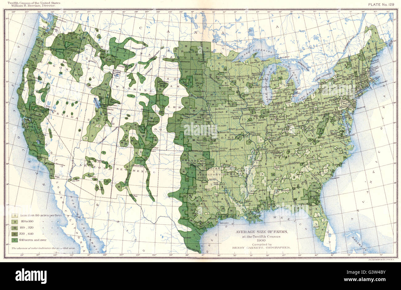 Etats-unis : la taille moyenne des exploitations à la douzième recensement , carte antique 1900 Banque D'Images