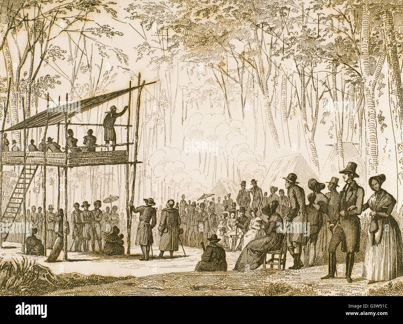 United States. La Virginie. La prédication des anabaptistes, l'un des premiers colons d'Amérique. Ils croient en retardant le baptême jusqu'à la confession de leur foi en Christ, au lieu de d'être baptisé comme un nourrisson. Gravure, 1841. Banque D'Images