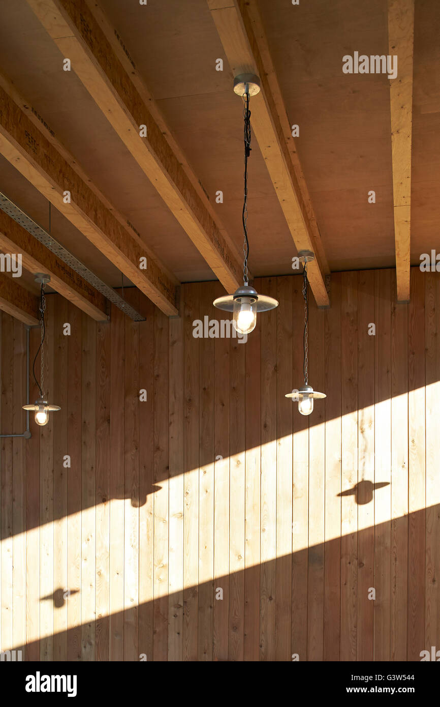 Des poutres en bois du plafond de l'auvent d'entrée. La chambre verte, Londres, Royaume-Uni. Architecte : Benjamin Marks, 2015. Banque D'Images