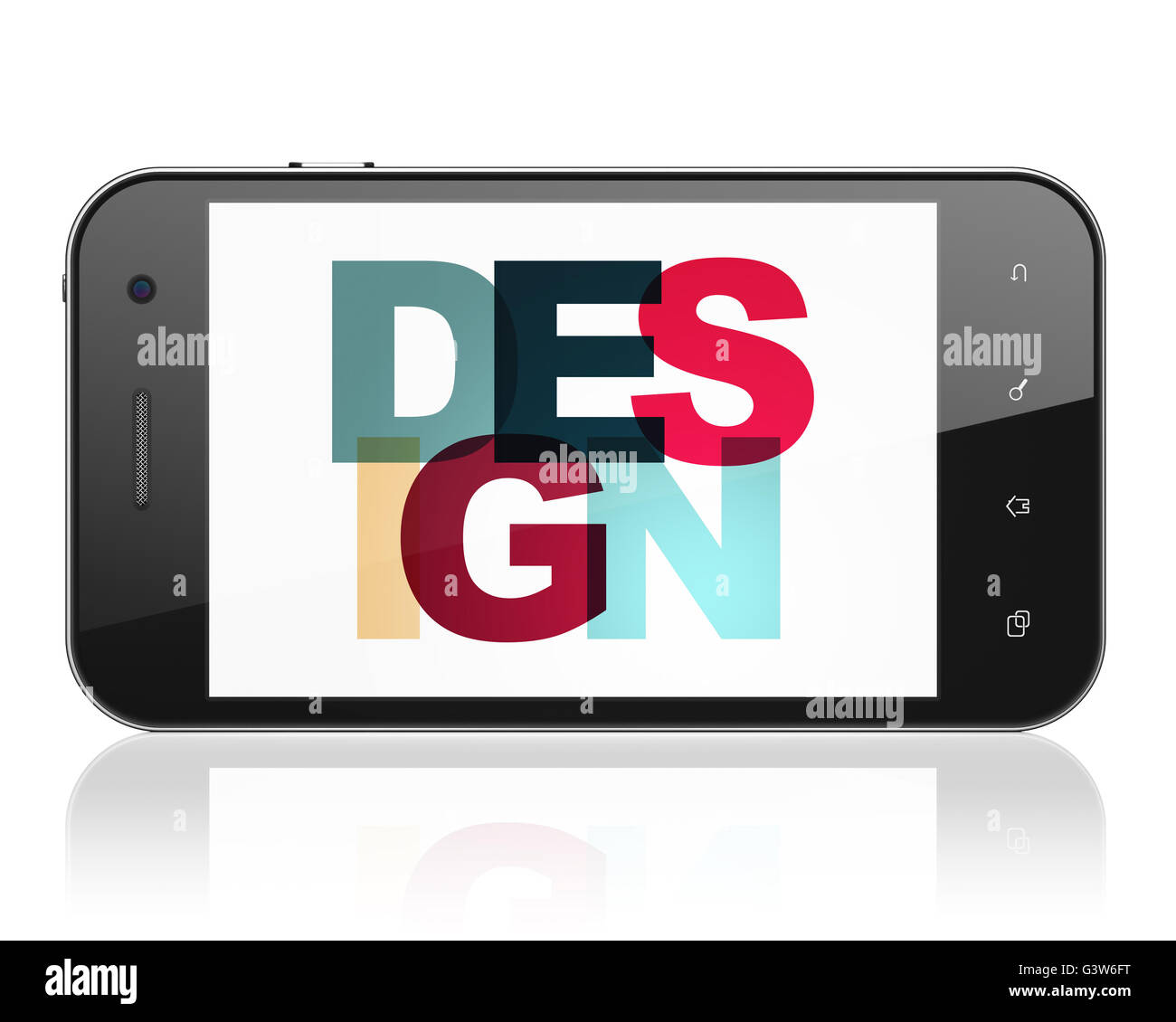 Concept Marketing : Smartphone avec multicolore peint Design texte sur l'affichage, rendu 3D Banque D'Images