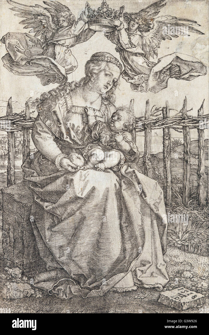 Albrecht durer - Vierge Marie couronnée par deux anges Banque D'Images