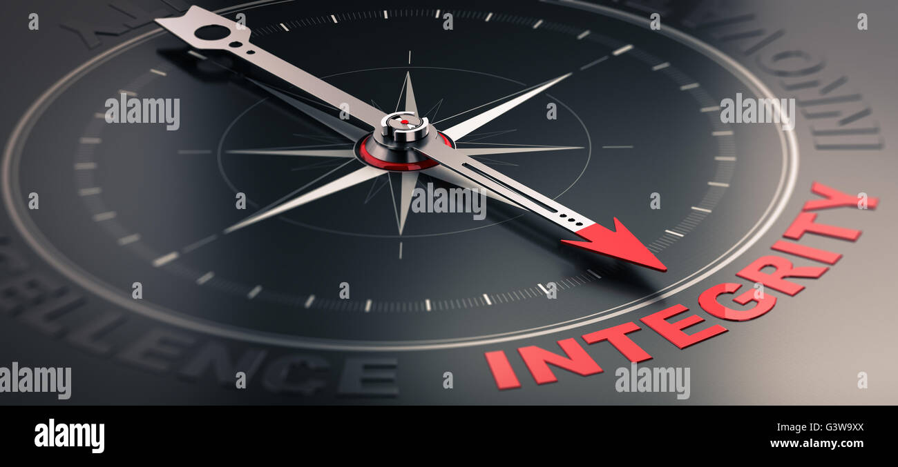 3D illustration d'un compas sur fond noir, l'aiguille dirigée vers le mot intégrité. Notion de droit des valeurs fondamentales de l'entreprise Banque D'Images