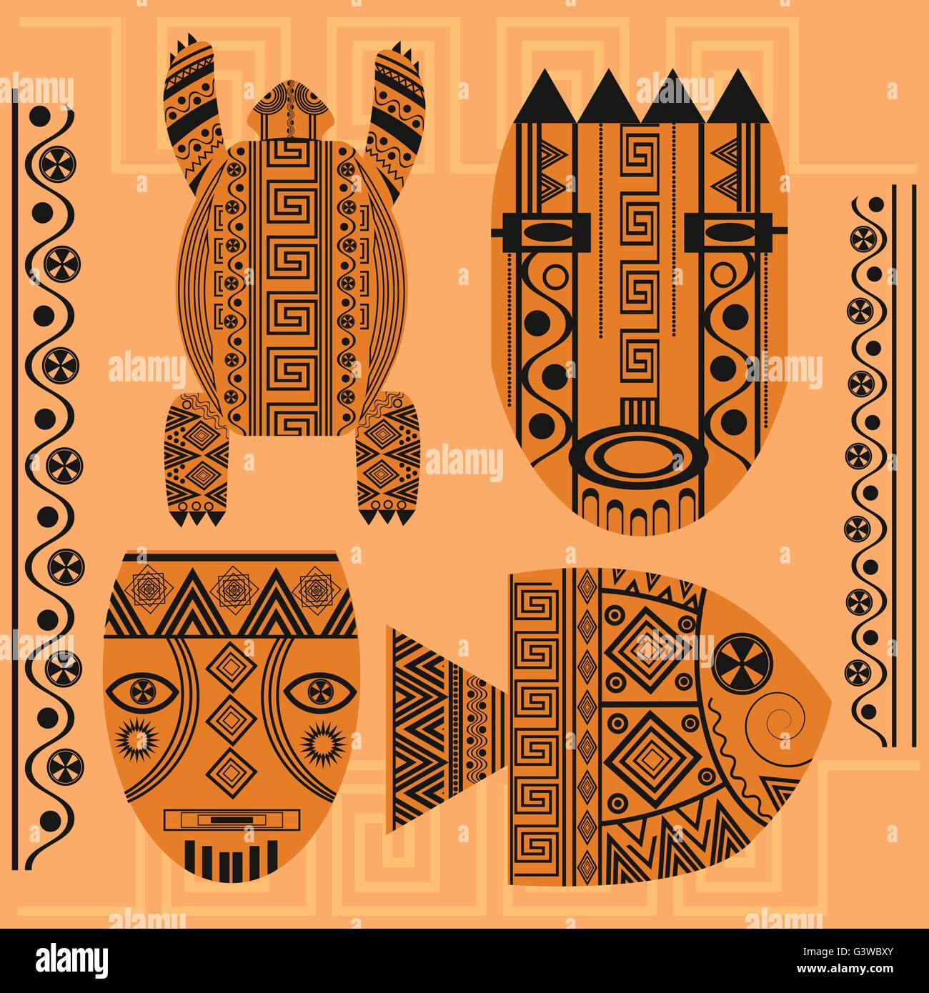Set Masque décoratif, poisson, tortue, l'ornement de l'Afrique Illustration de Vecteur