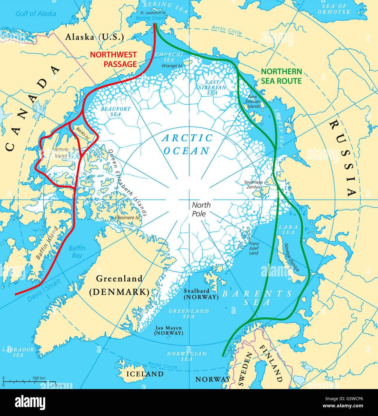 Océan Arctique à la mer plan avec passage du Nord-Ouest et de la route maritime du Nord. Carte de la région arctique. Banque D'Images