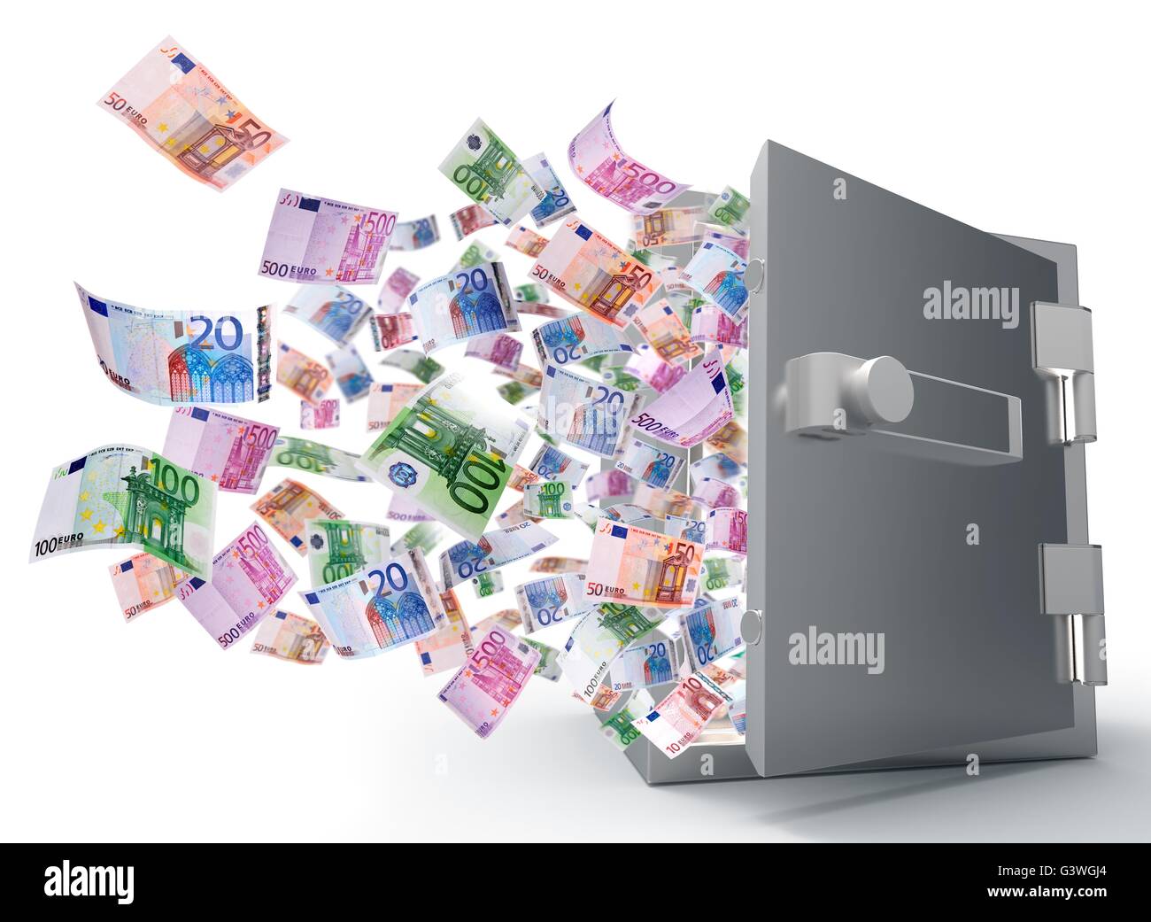 Coffre-fort avec la porte ouverte et de l'argent de prendre l'avion Banque D'Images