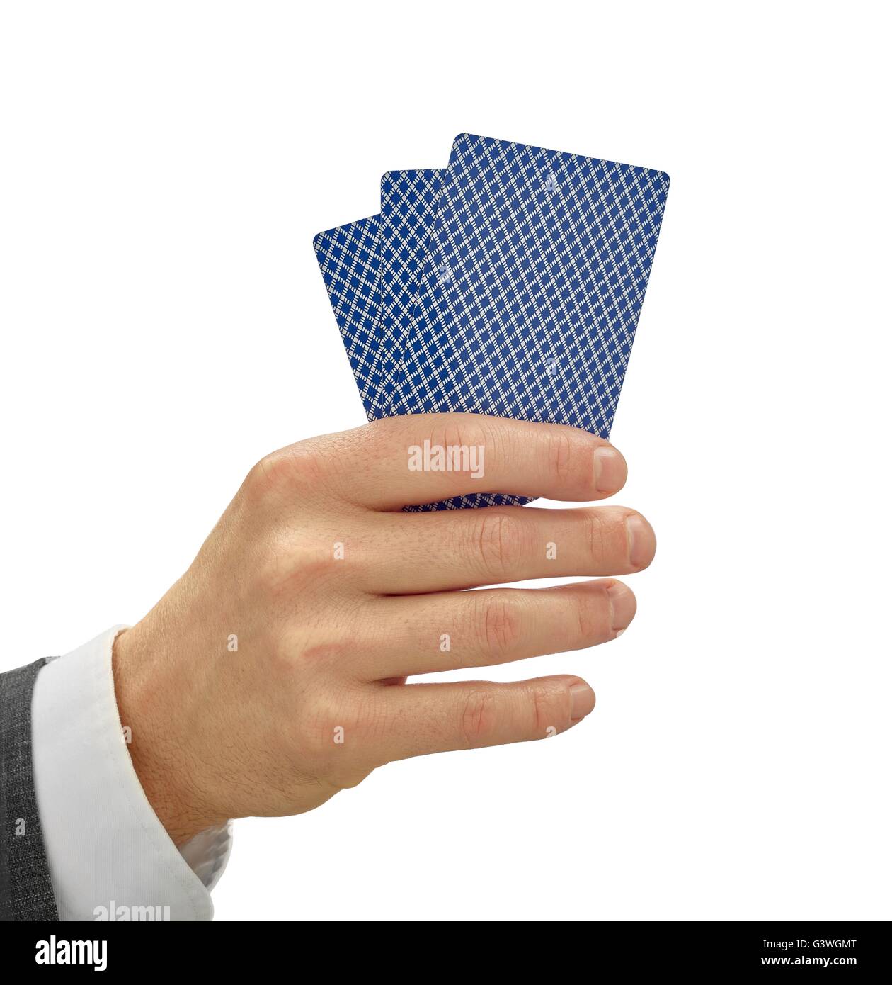 Main tenant 3 cartes isolé sur blanc avec chemin de détourage. Banque D'Images