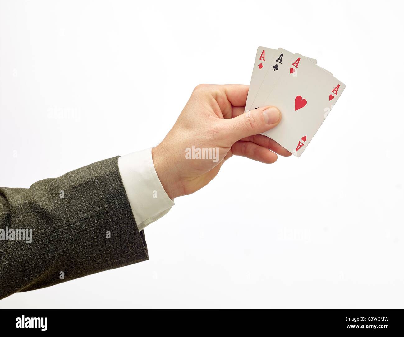 Main tenant 3 ace avec clipping path isolated on white Banque D'Images