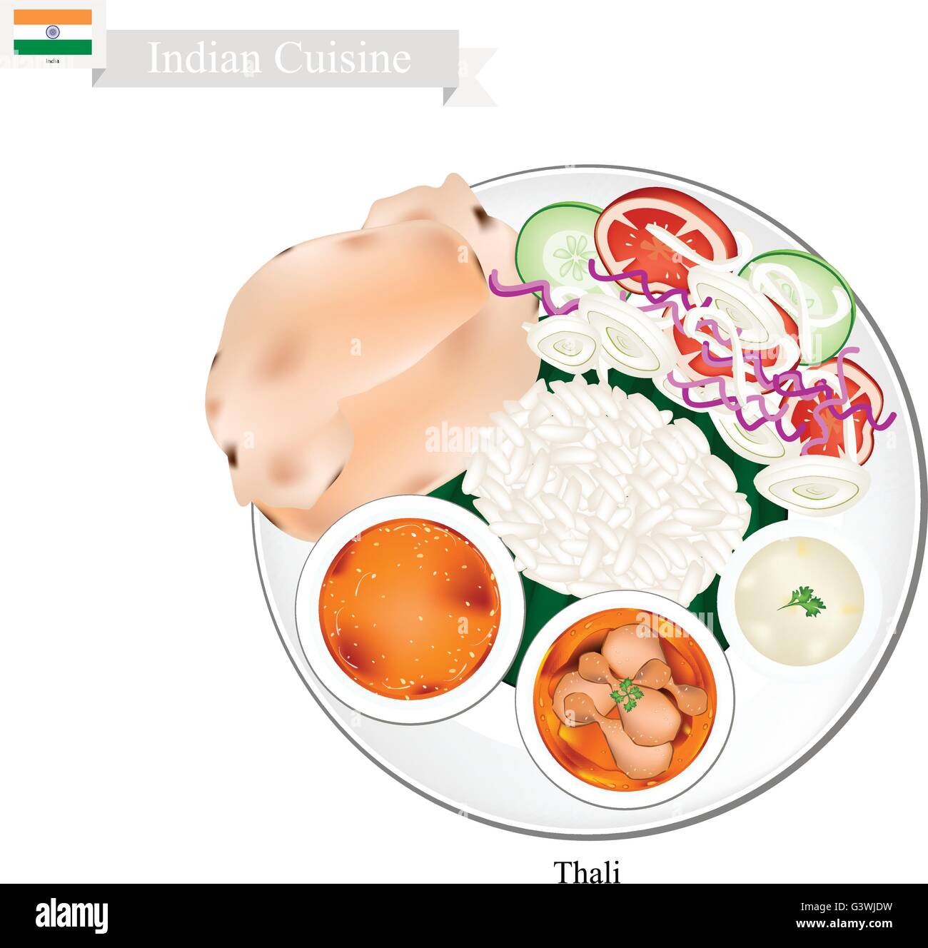 Thali Cuisine indienne, ou du riz vapeur traditionnels et du pain plat servi avec un ragoût de haricots indiens, Coco et Curry, Chutney de ragoût. Sur Illustration de Vecteur