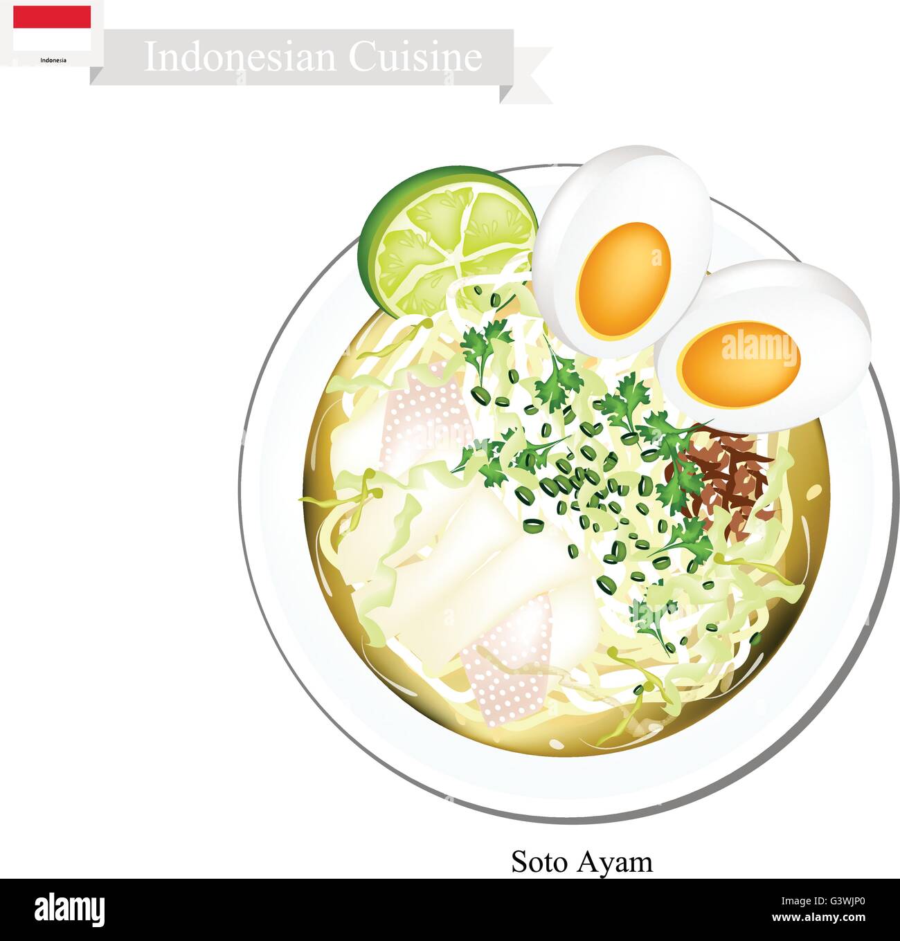 La cuisine indonésienne, soto ayam ou nouilles de riz traditionnel dans la soupe épicée au poulet et oeuf dur. L'un des plats les plus populaires Illustration de Vecteur