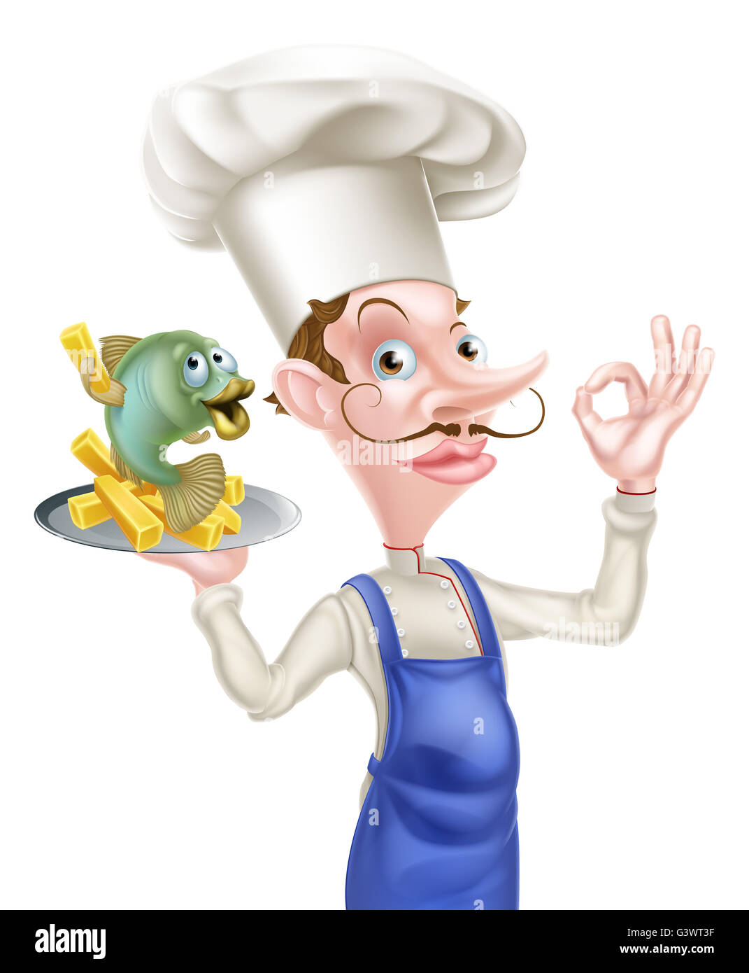 Une illustration d'une caricature Chef avec Fish and Chips Banque D'Images
