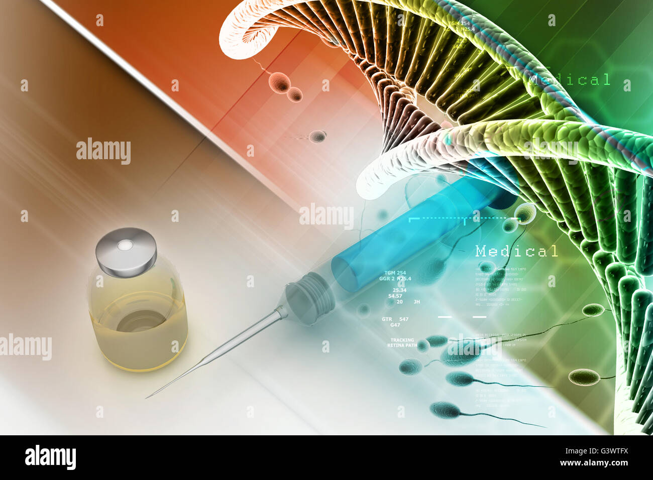 La médecine et la seringue d'injection avec le sperme et l'ADN dans  l'arrière-plan couleur Photo Stock - Alamy