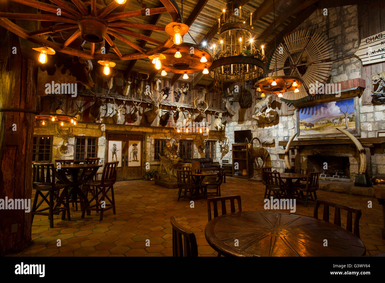 Texas ranch lodge avec des trophées de chasse Banque D'Images