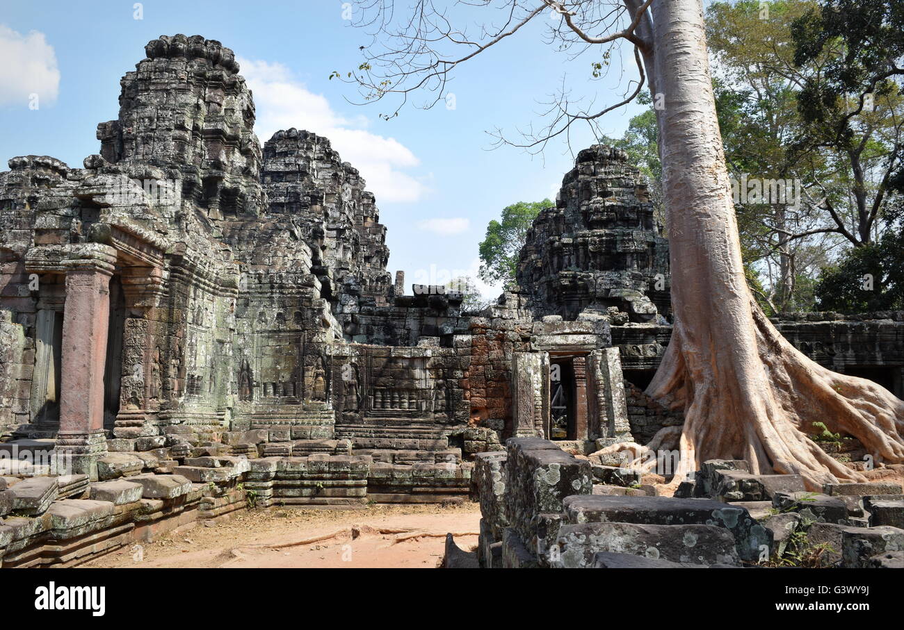 L'imposition de la pierre ancienne architecture de Banteay Kdei temple bouddhiste, Angkor, Cambodge Banque D'Images