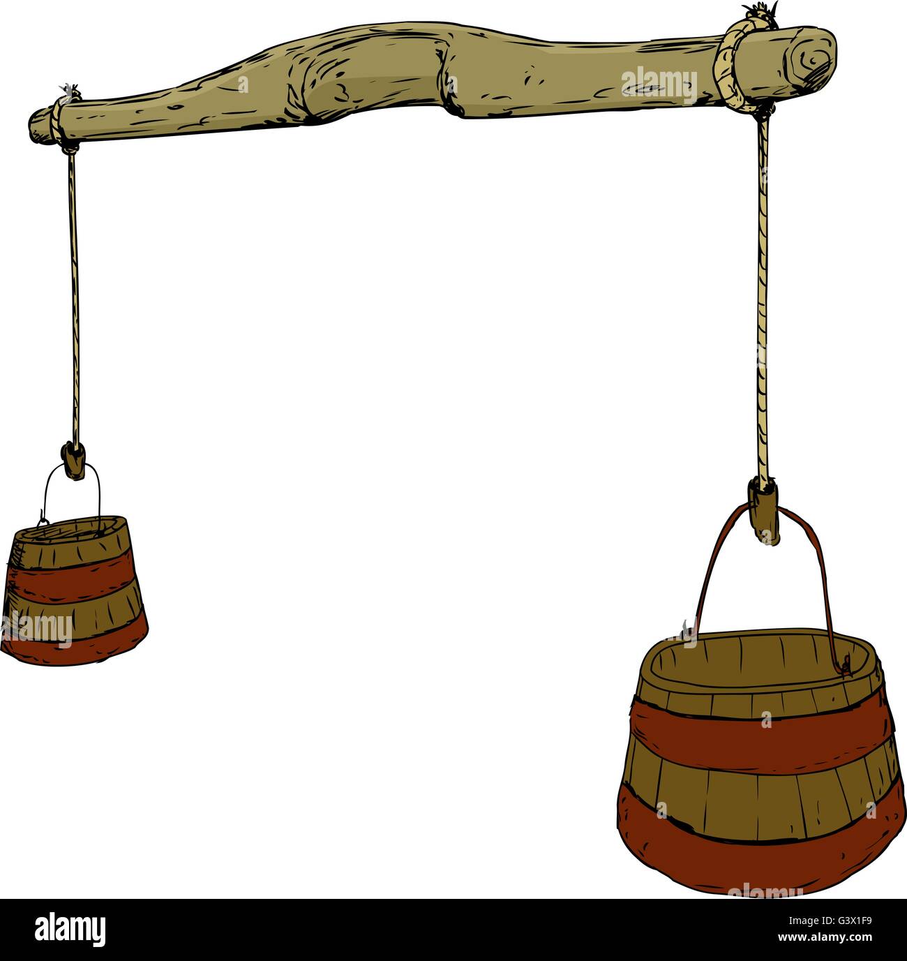Croquis de dessin animé en bois sculpté 18e siècle la chape avec cordage maintenant deux grands seaux pour transporter de l'eau Illustration de Vecteur