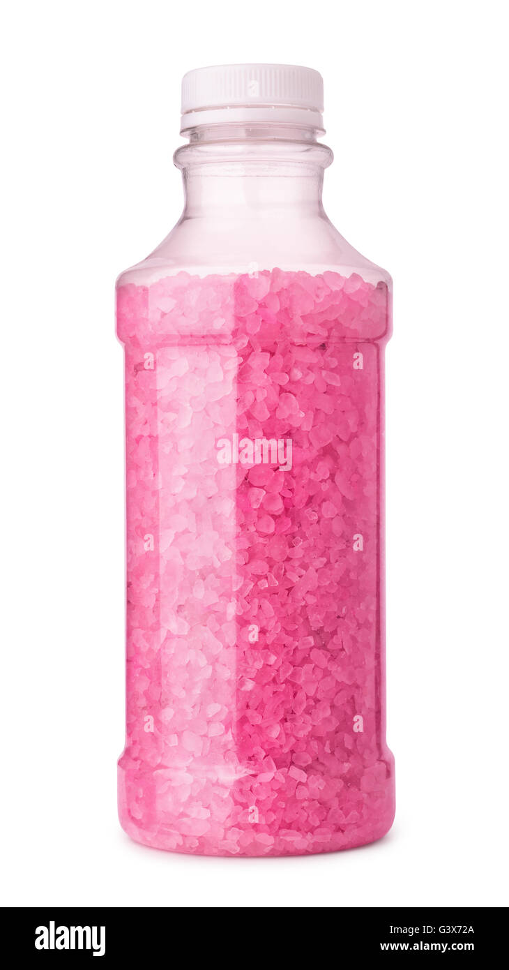 Baignoire en plastique bouteille de sel aromatique isolated on white Banque D'Images