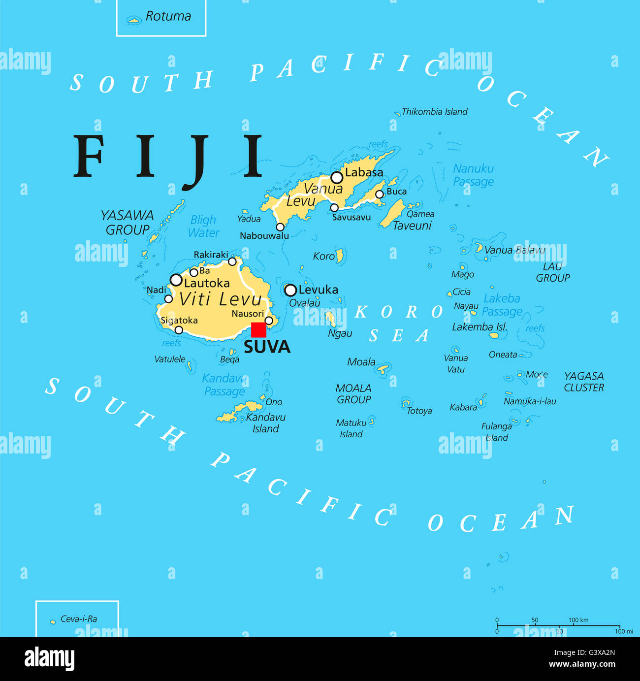 Carte politique avec Fidji Suva, capitale des îles, des villes importantes et des récifs. English l'étiquetage et à l'échelle. L'illustration. Banque D'Images