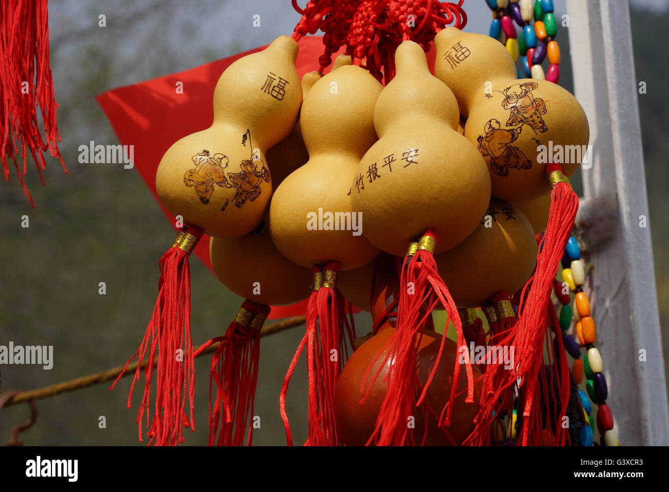 Feng Shui. Citrouille Wu Lou, Wu lu. Le symbole de la santé et de la richesse. Parc national de Qianshan, Anshan, province de Liaoning, Chine Banque D'Images