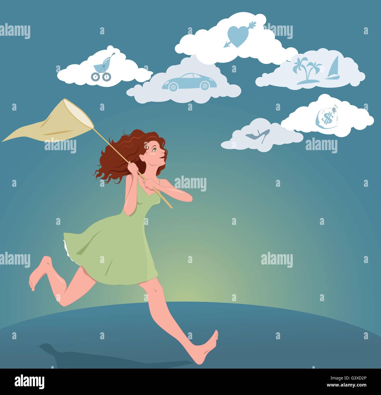 Jeune femme poursuivant ses rêves. Vector illustration par une fille avec un filet à papillons à courir après les nuages avec des symboles de rêve Illustration de Vecteur