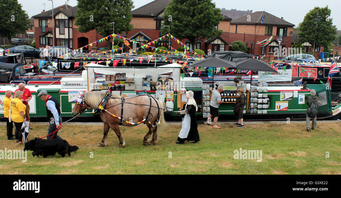 Un cheval passe bateau étroit canal bateaux amarrés sur le Leeds et Liverpool canal à Eldonian village de Liverpool. Banque D'Images