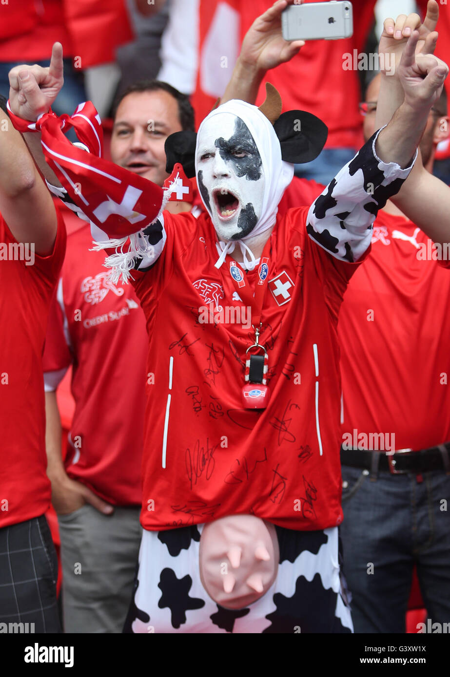 Paris, France. 15 Juin, 2016. Parc des Princes, Paris, France. Championnats européens de football 2016, la Roumanie et la Suisse. Crédit Suisse fans : Action Plus Sport Images/Alamy Live News Banque D'Images