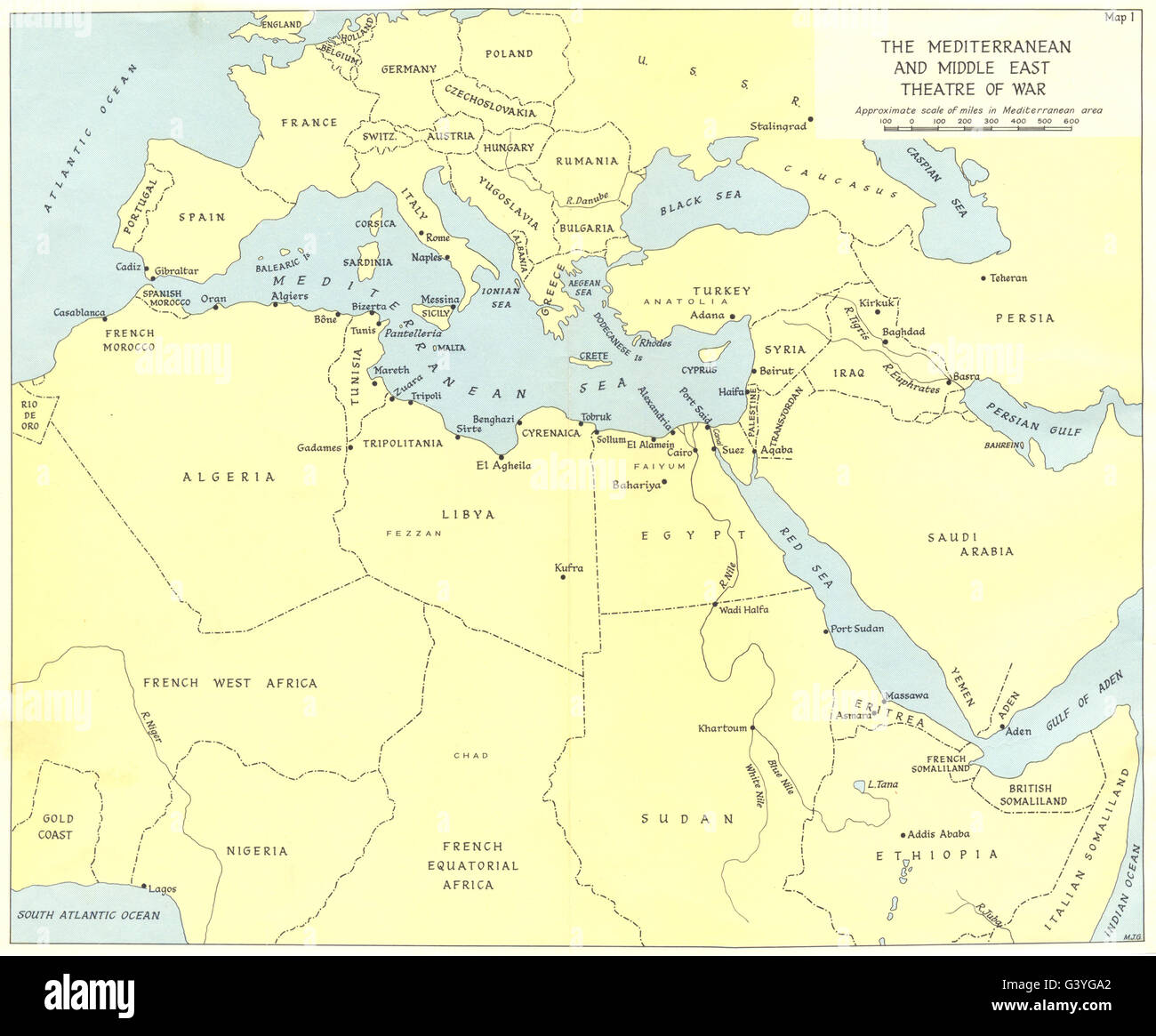 EUROPE : la Méditerranée et Moyen-Orient théâtre de guerre, 1966 carte vintage Banque D'Images
