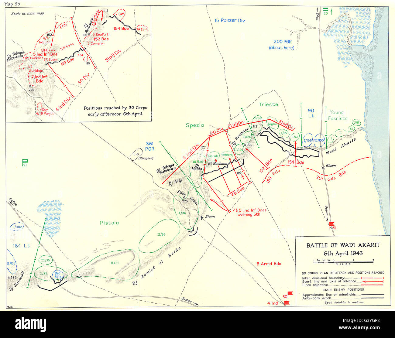 Tunisie bataille de Wadi Akarit ; 6 avril 1943 ; position du corps 30