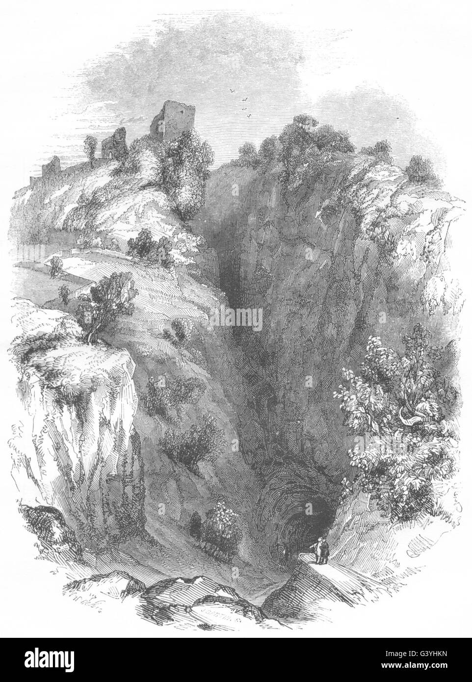 Le DERBYSHIRE : Entrée de la Peak Cavern, antique print 1850 Banque D'Images