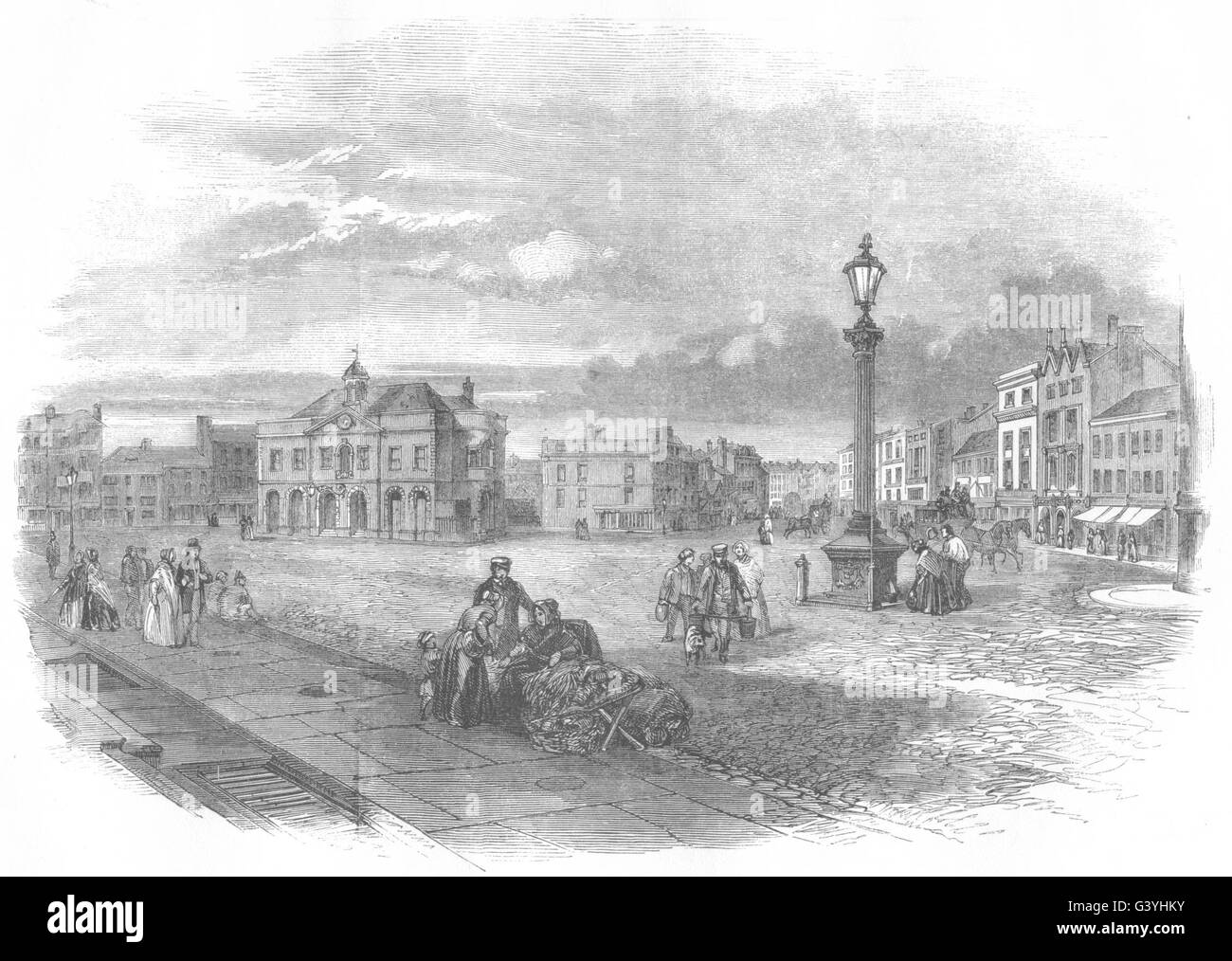 Le LEICESTERSHIRE : Market-Place et l'échange, Leicester, antique print 1850 Banque D'Images