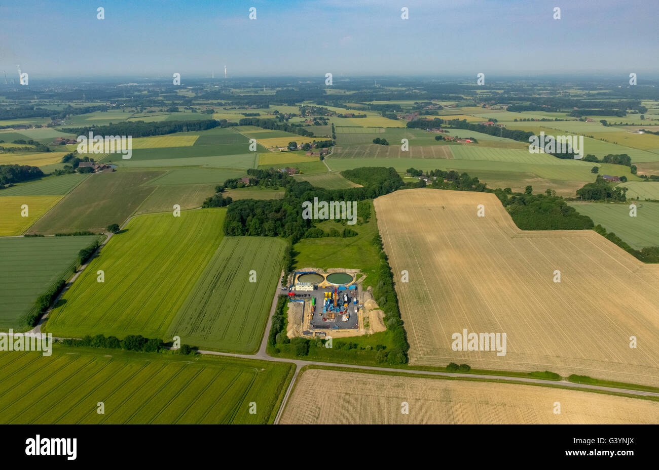 Vue aérienne, l'échantillon de gaz dans l'ancien forage pit Radbod 7 Herbern en paysannerie Nordick, la peur la fracturation, Ascheberg, Münster, Banque D'Images