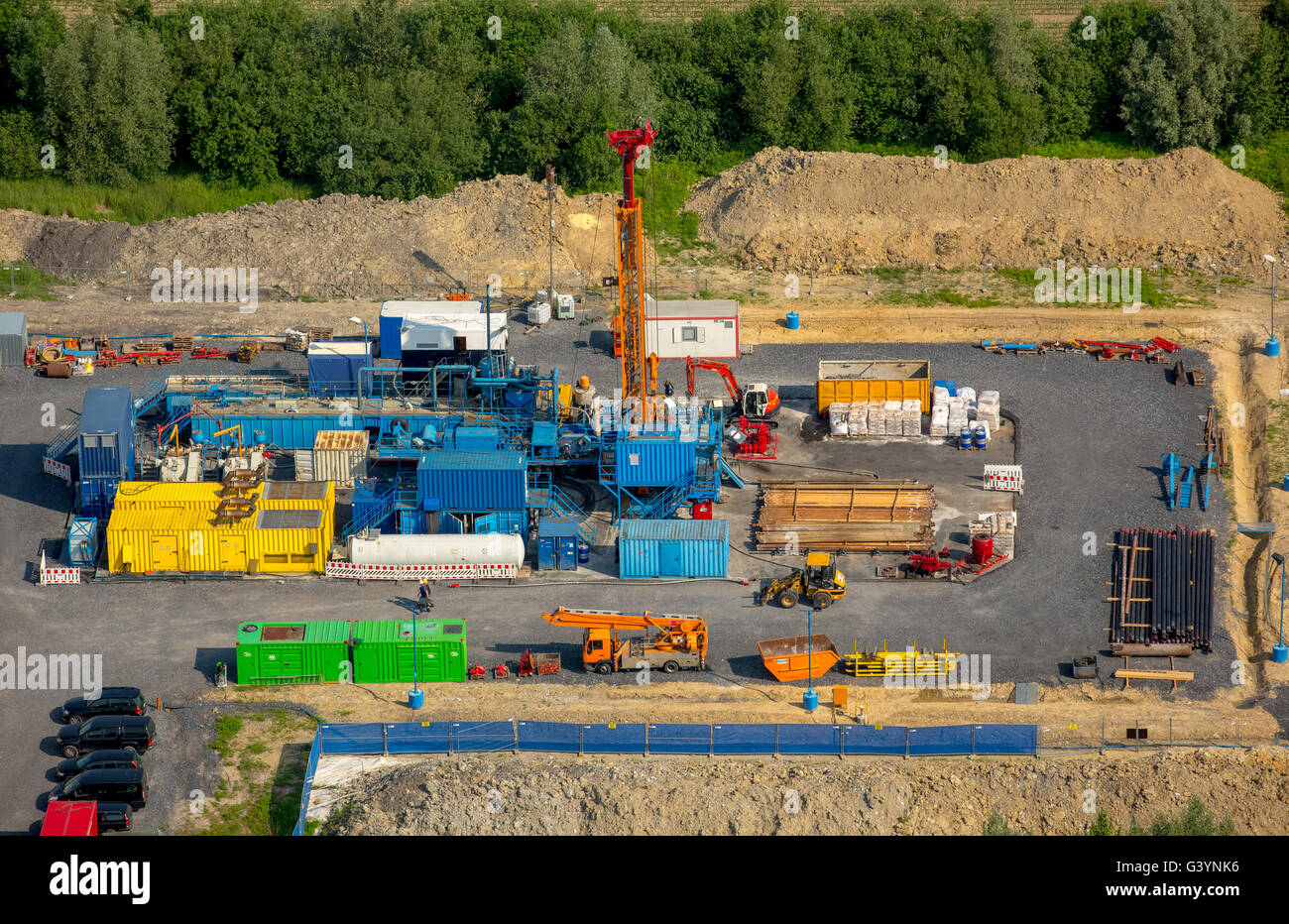 Vue aérienne, l'échantillon de gaz dans l'ancien forage pit Radbod 7 Herbern en paysannerie Nordick, la peur la fracturation, Ascheberg, Münster, Banque D'Images