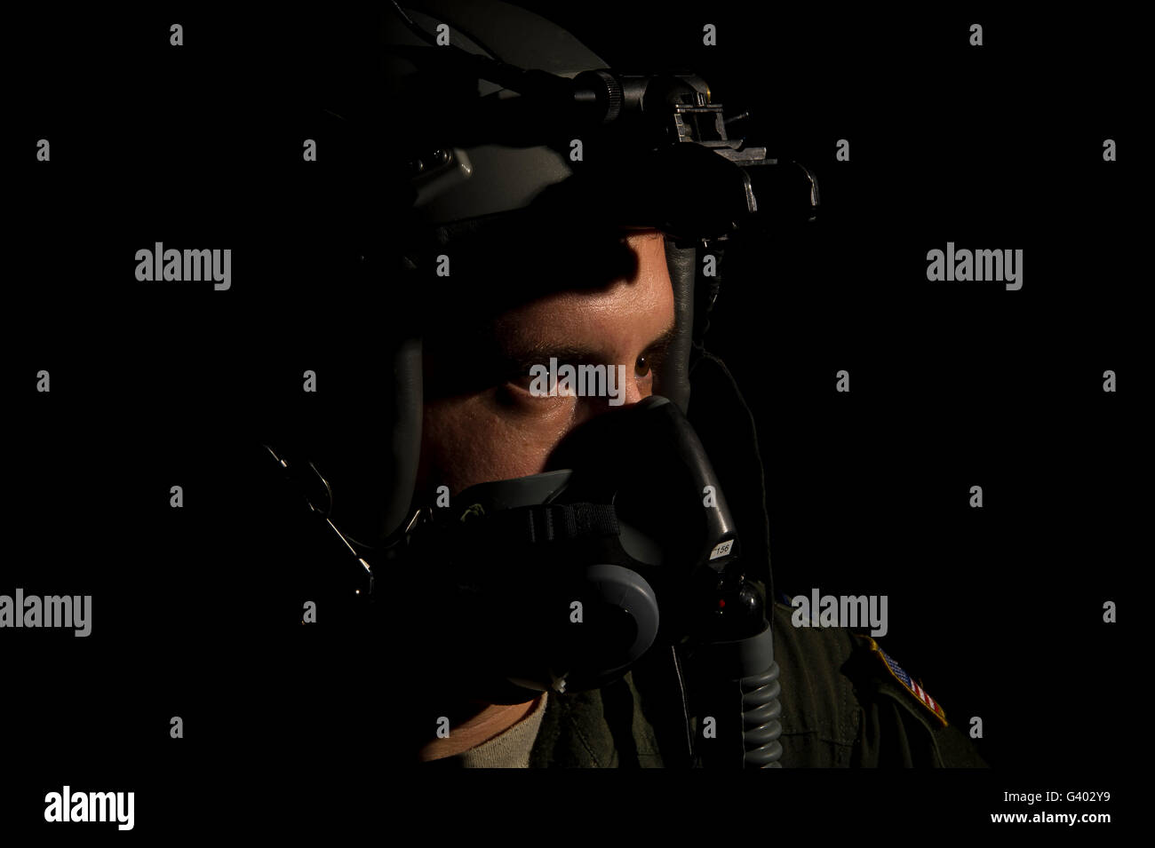 Portrait d'un pilote de l'US Air Force avec masque à oxygène. Banque D'Images