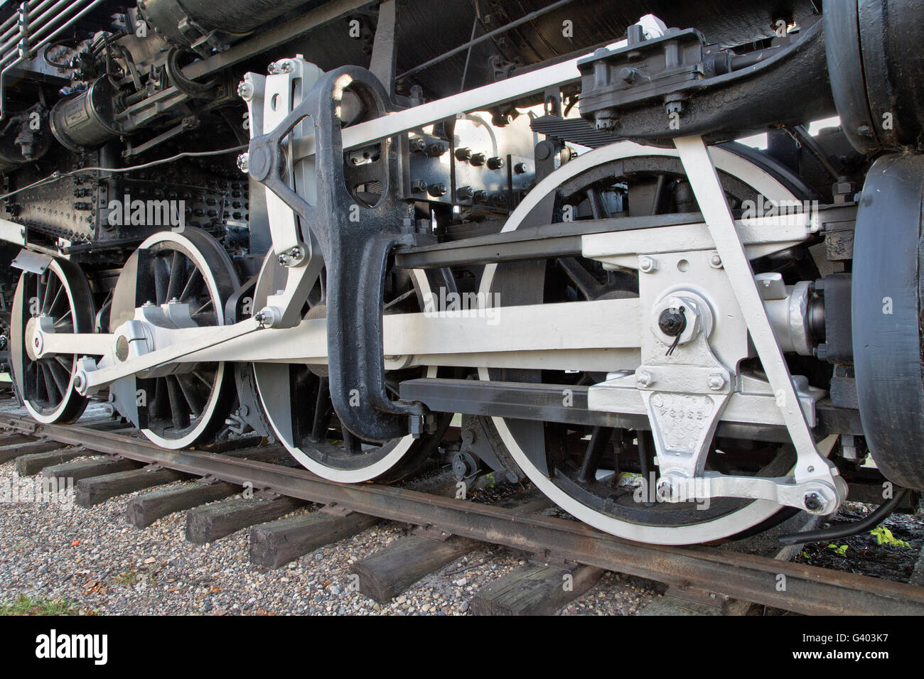 Les roues d'entraînement et la tige principale, reliant 440 SooLine, Locomotive à vapeur. Banque D'Images
