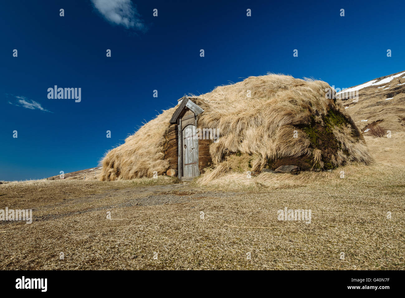 Réplique de la maison longue, Viking Eiríksstaðir, Islande Banque D'Images