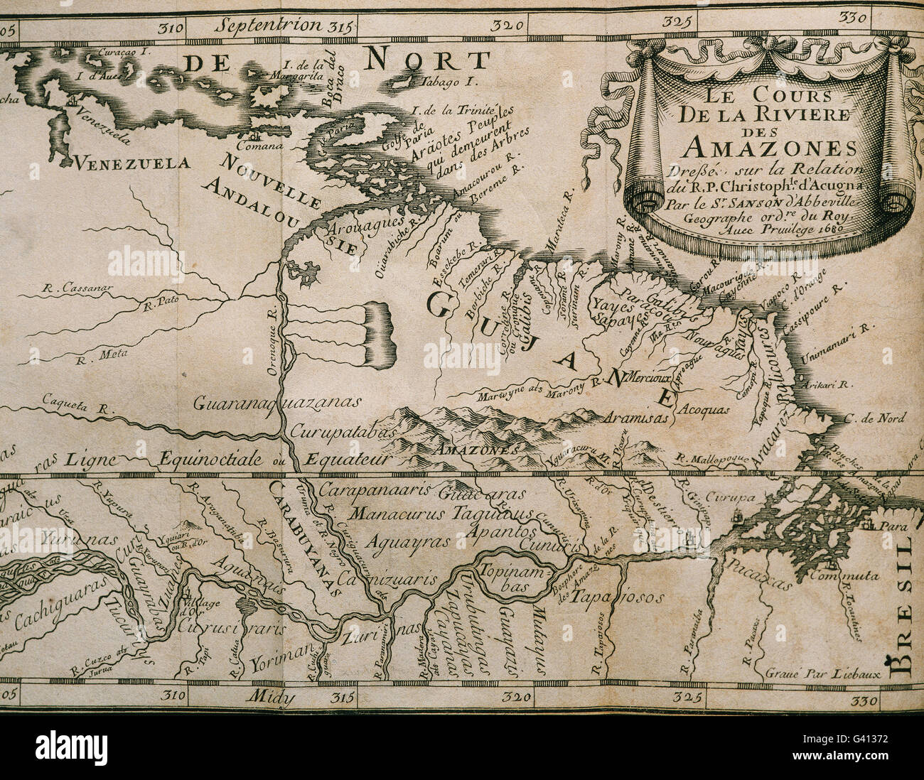 Carte de la région amazonienne de la Guyane. Il appartient à l'œuvre 'Rapport de la Riviere des Amazones", Paris, 1680. Écrit par Cristobal de Acuna (1597-1676), missionnaire jésuite espagnol. La gravure. Banque D'Images