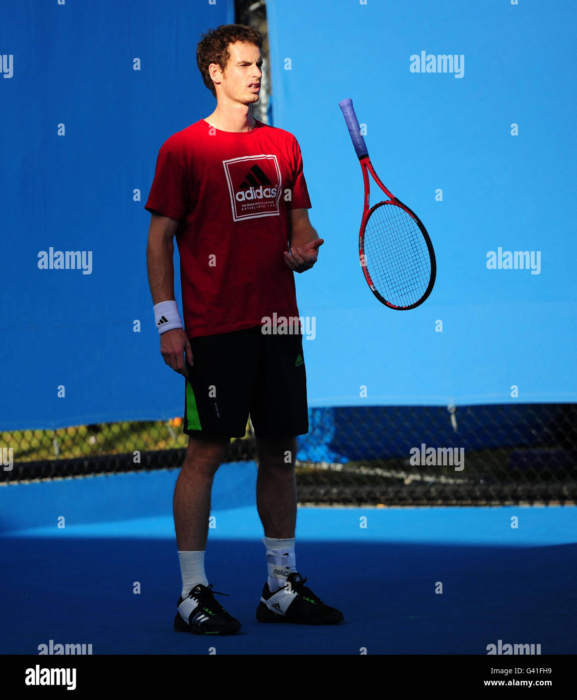 Andy Murray en Grande-Bretagne sur les terrains d'entraînement pendant le treize jour de l'Open d'Australie de 2011 à Melbourne Park, en Australie. Banque D'Images