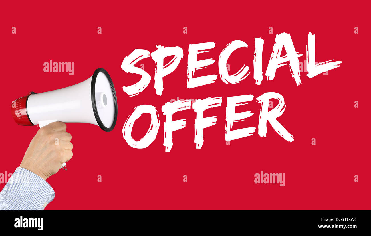 Offre spéciale vente shopping achetez au détail part with megaphone Banque D'Images