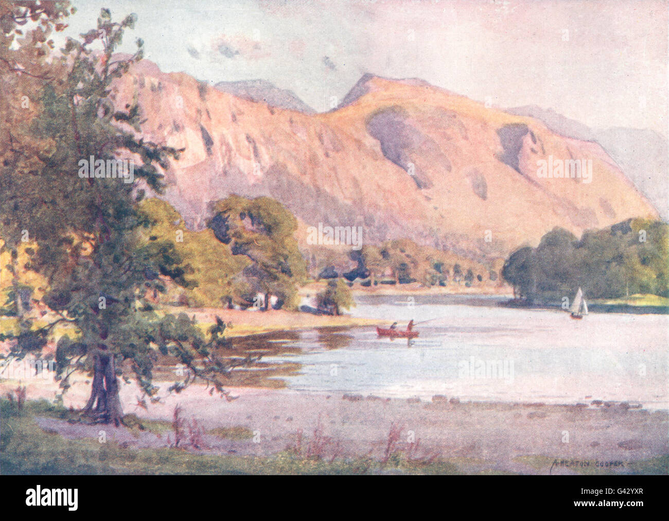 CUMBRIA : Lake district : Falcon Crag, Derwent Water, antique print 1908 Banque D'Images