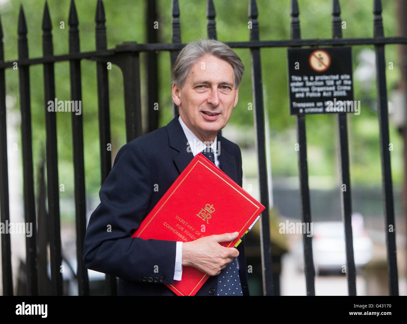 Philip Hammond,secrétaire d'État aux Affaires étrangères et du Commonwealth à Downing Street Banque D'Images