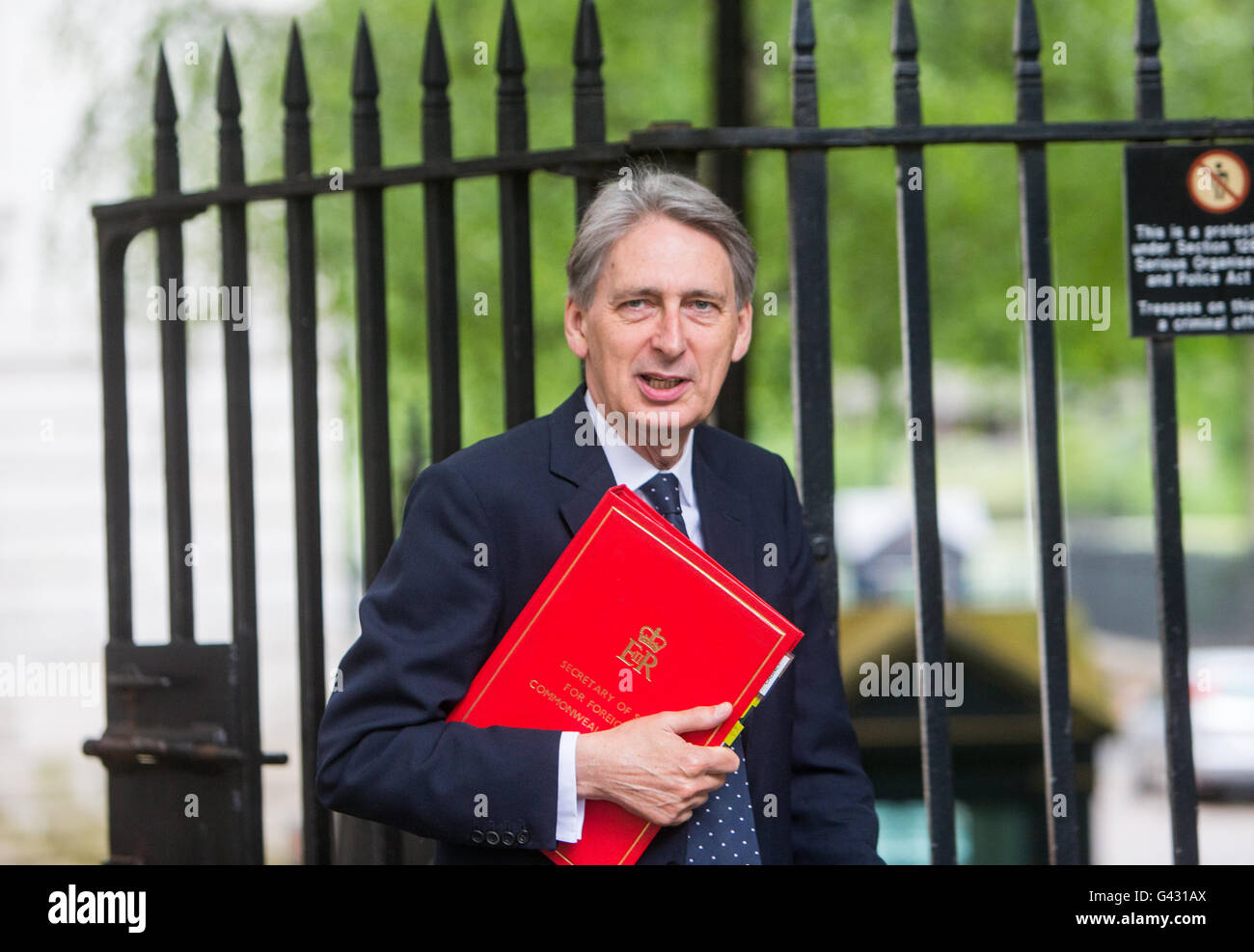 Philip Hammond,secrétaire d'État aux Affaires étrangères et du Commonwealth à Downing Street Banque D'Images