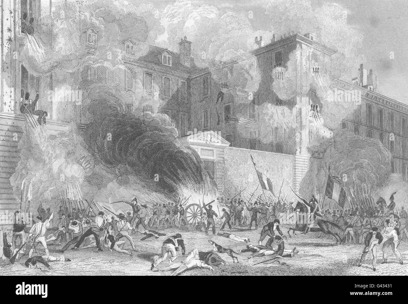 PARIS : Caserne Suisse, rue de Babylone, 29 Juillet, 1830, antique print 1831 Banque D'Images