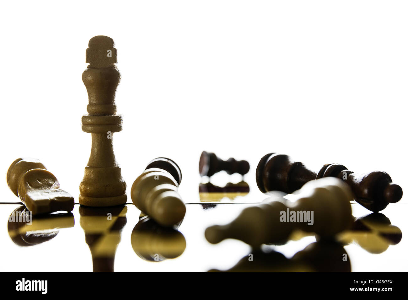 Pièces des échecs du roi debout sur un échiquier.Soft focus Banque D'Images