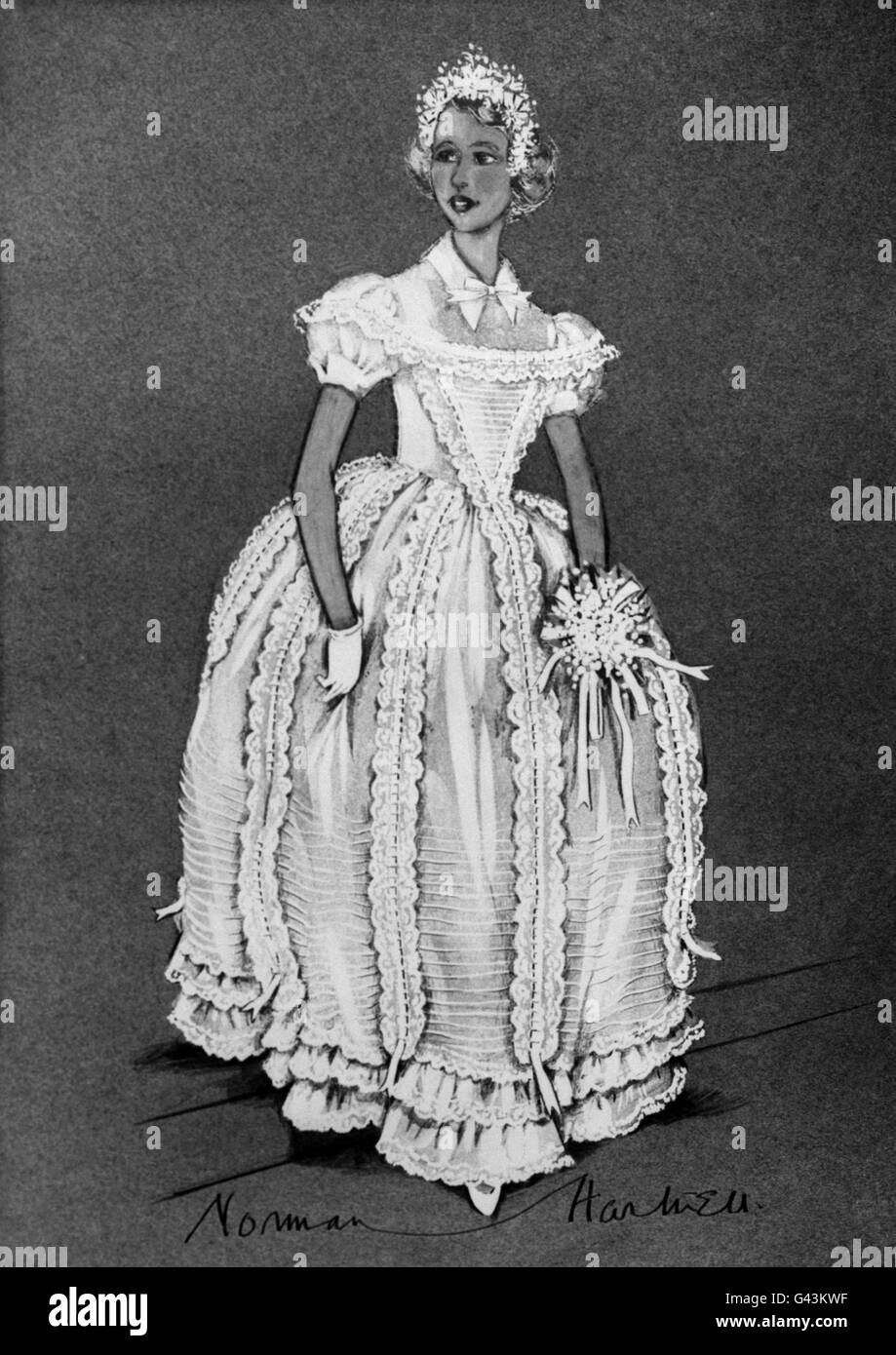 C'est le motif de la robe qui sera portée par la princesse Anne et sept autres demoiselles d'honneur au mariage de la princesse Margaret et Antony Armstrong-Jones, conçu par Norman Hartnell. Banque D'Images