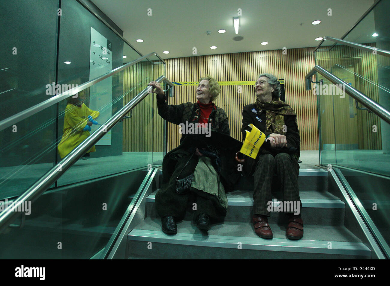 Les supporters de Fine Gael se reposent lors de la réunion publique au stade Aviva de Dublin. Banque D'Images