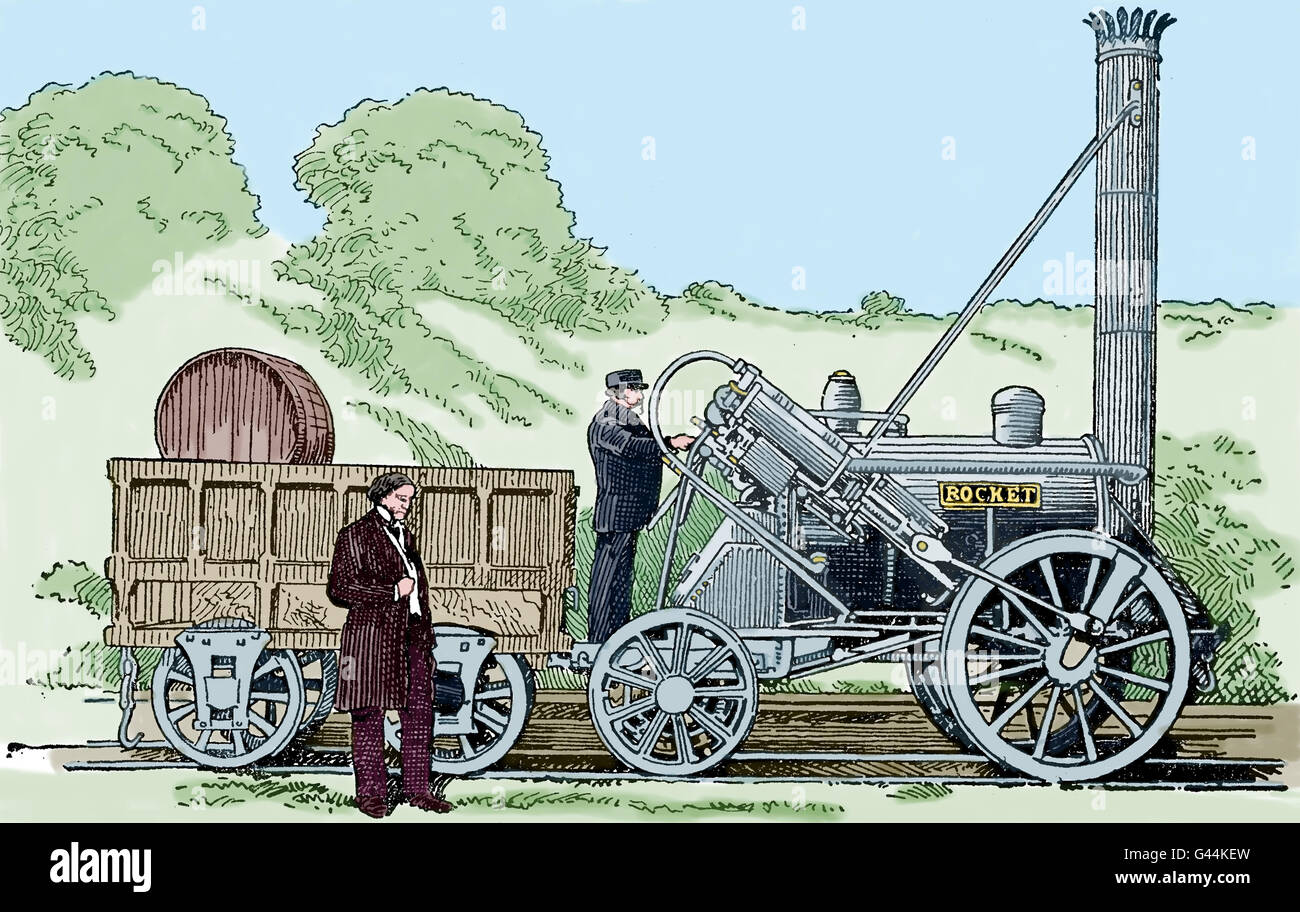 Stepherson's Rocket. La première locomotive à vapeur. Conçu en 1829 par Robert Stephenson. Gravure, 19ème siècle. La couleur. Banque D'Images